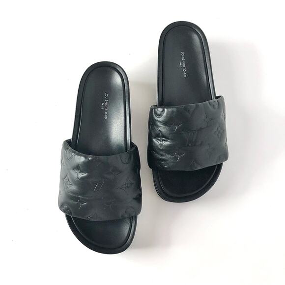 Louis Vuitton Jumbo Flatform Monogram Mules Black Leather Slip On Sandals 38 - Picture 3 of 8